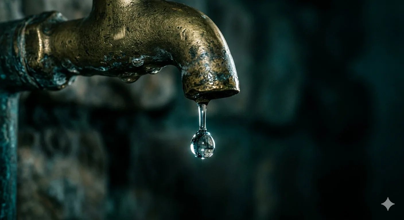 Grifo de latón antiguo con una gota de agua a punto de caer